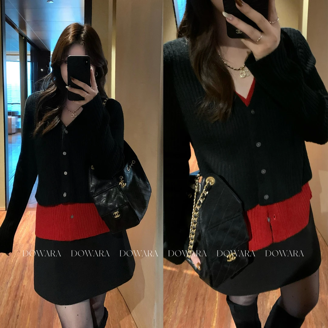 大婉酱微胖定制【壁炉絮语】假两件拼接v领毛织小衫冬百搭毛衣3106D