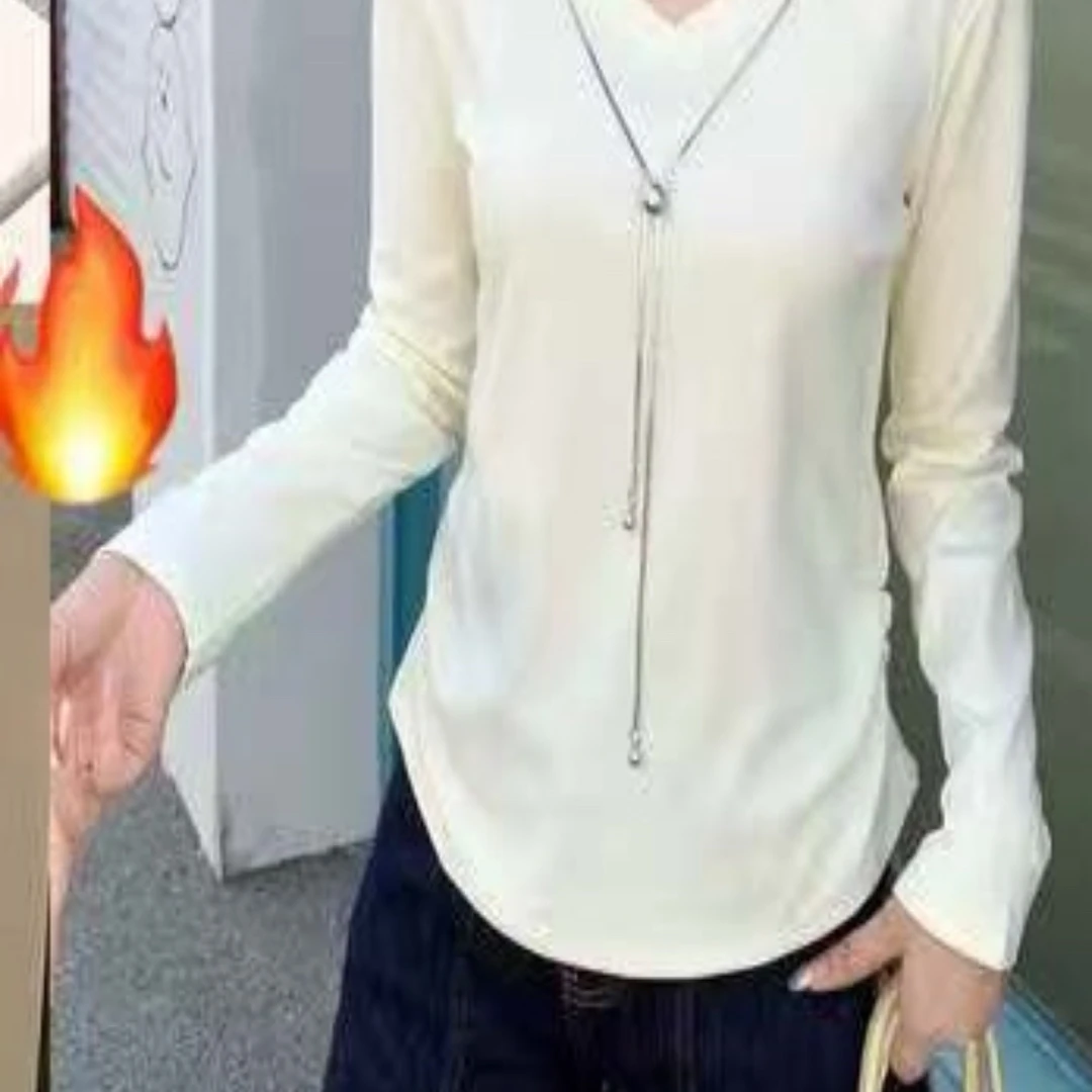 D054女装秋款V领长袖T恤简单款8662