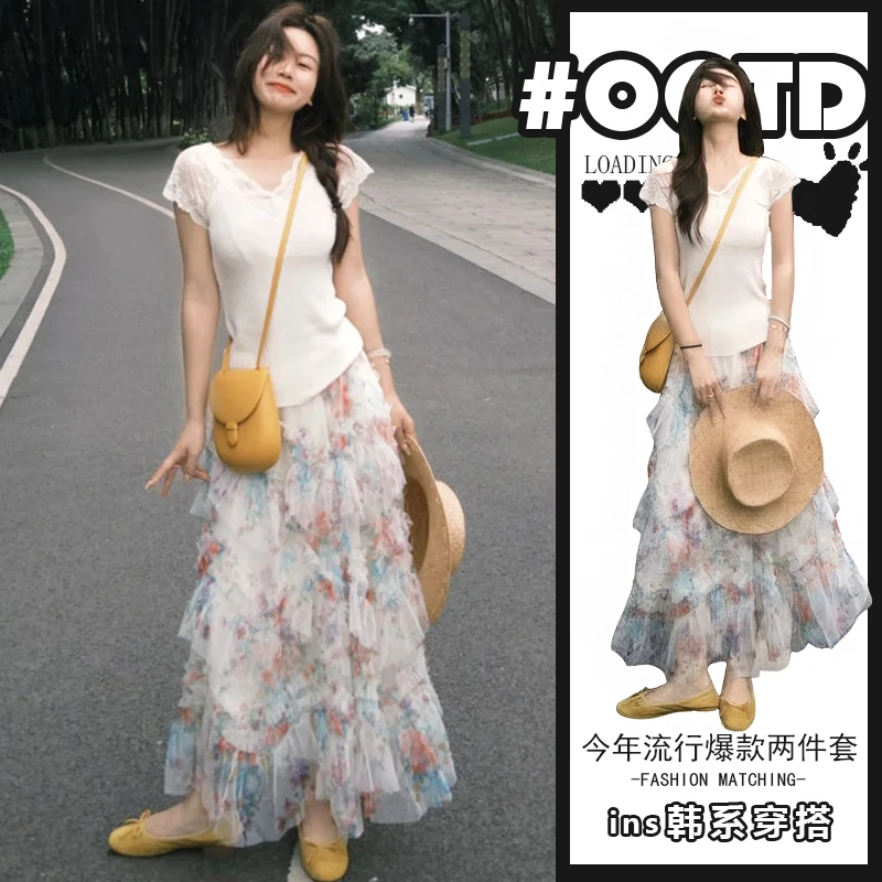 夏日ootd穿搭小众甜美碎花裙子套装女2025温柔风蛋糕裙两件套