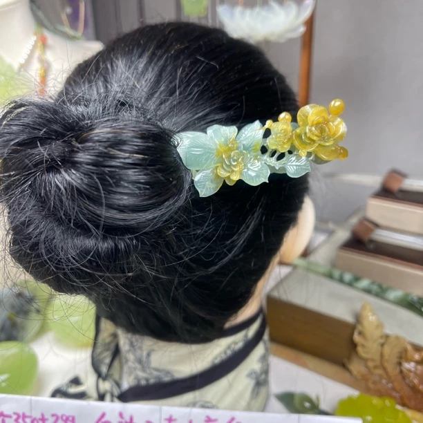 天然岫玉蓝水发簪，总长21入发13.5