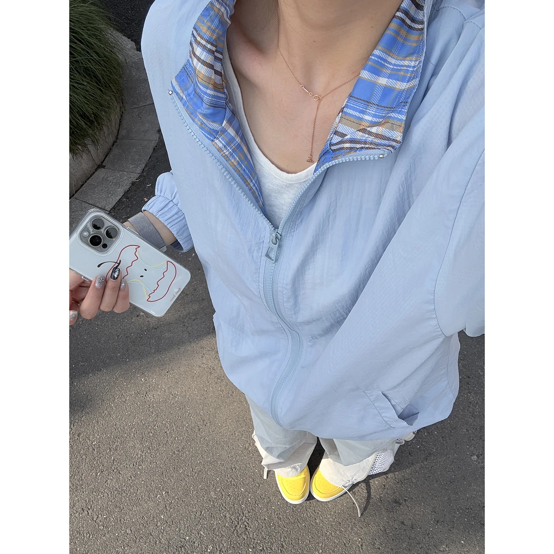 UPF50+冰川蓝情侣防晒外套男2025新款春夏潮牌设计感拼接翻领夹克