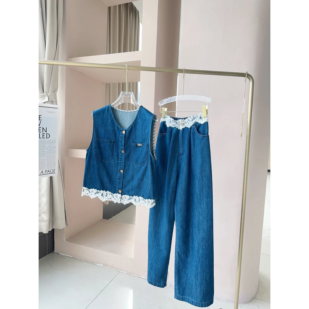 COCO LESLEY 时尚气质高级春秋洋气蓝色宽松蕾丝拼接牛仔套装3256