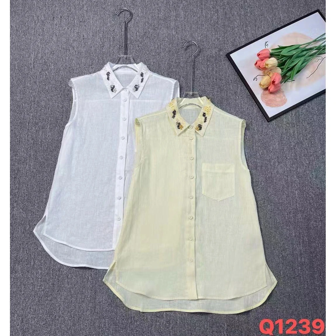 Mozch 纯亚麻清凉透气领口钉珠钩花前端后长高端衬衫1239