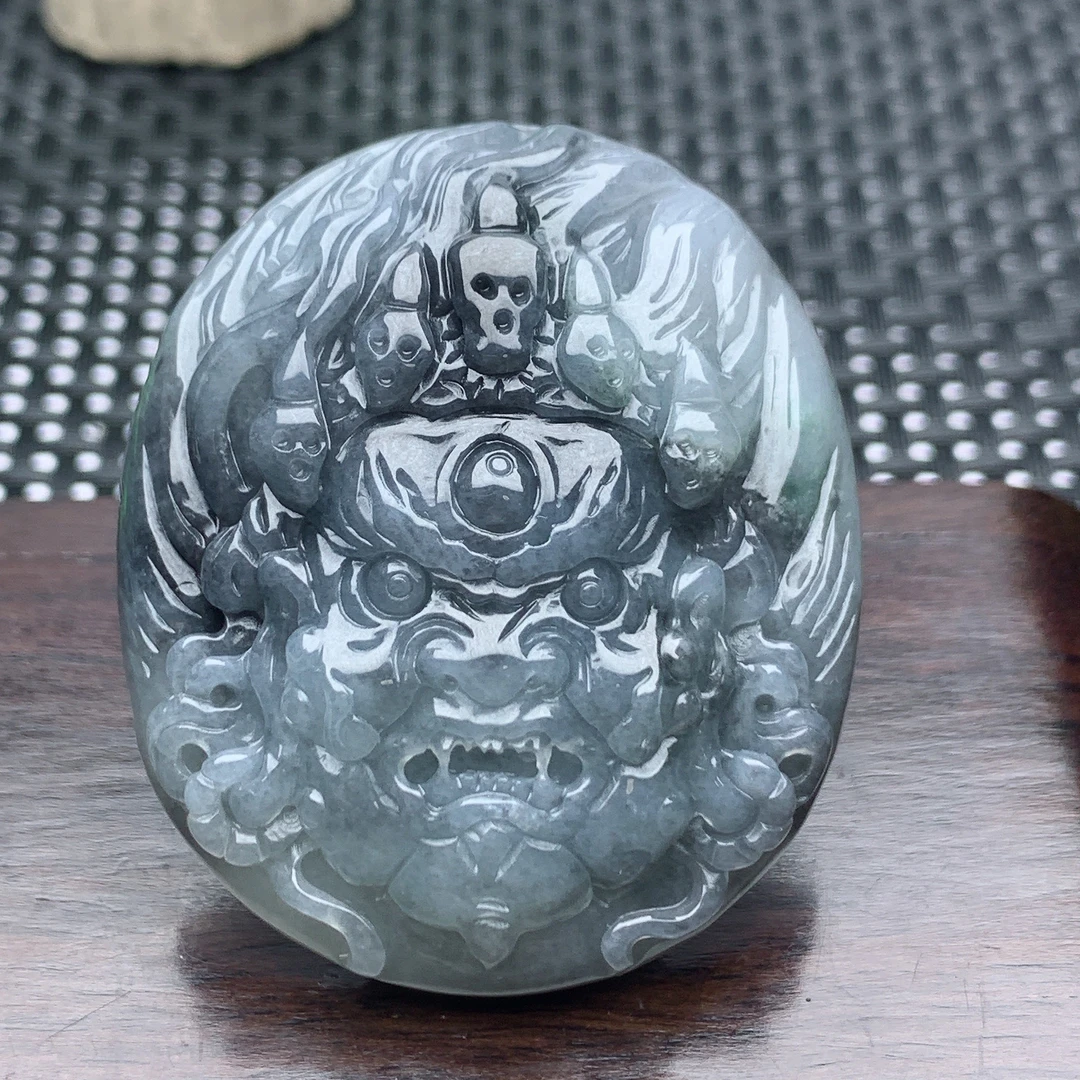 缅甸天然A货翡翠黑白水墨意境乌鸡料罗刹鬼挂件吊坠特色件俏色