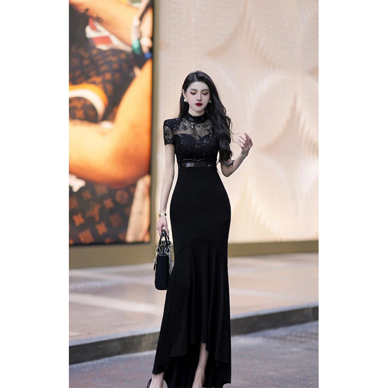 德国尤克菲儿“黑兰花”原创设计轻奢高定蕾咝重工修身高腰连衣裙