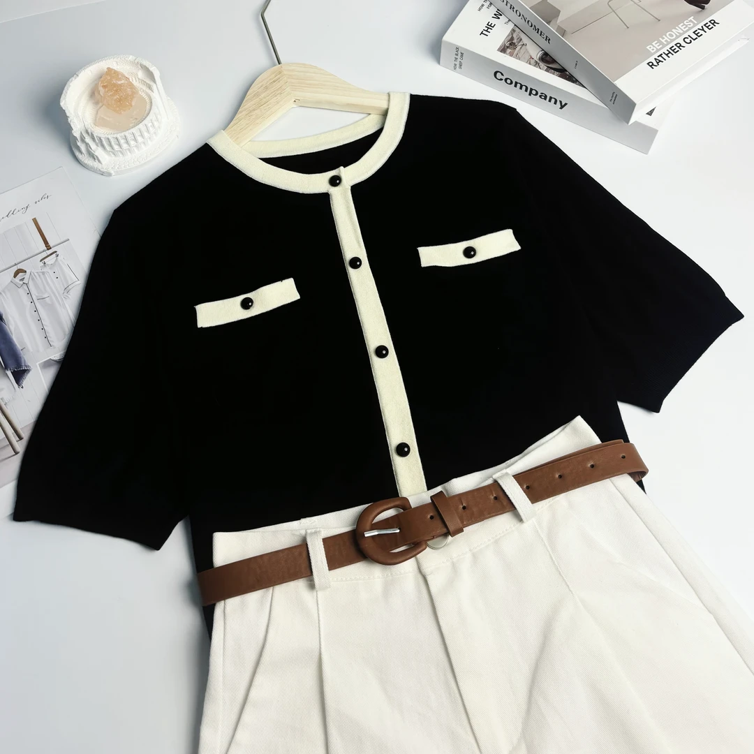 玲姐定制-圆领假开衫套头T恤真口袋常规厚针织短袖151621