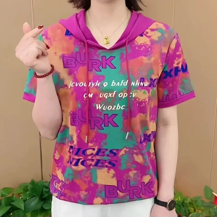 2025短袖T恤夏季连帽宽松新款中年女装休闲时尚洋气显瘦减龄上衣