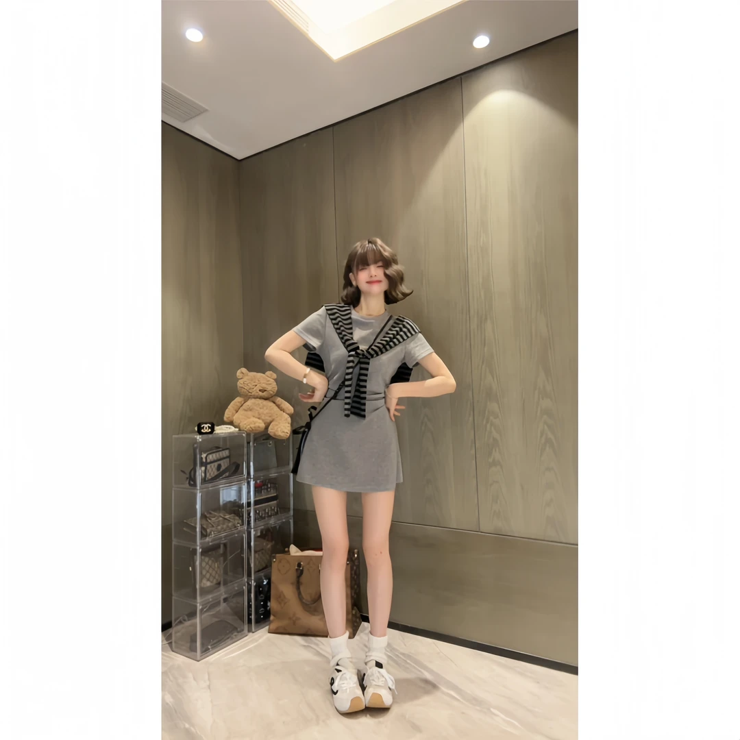 韩系慵懒风夏季短袖条纹披肩连衣裙显瘦减龄小香风气质高级感穿搭