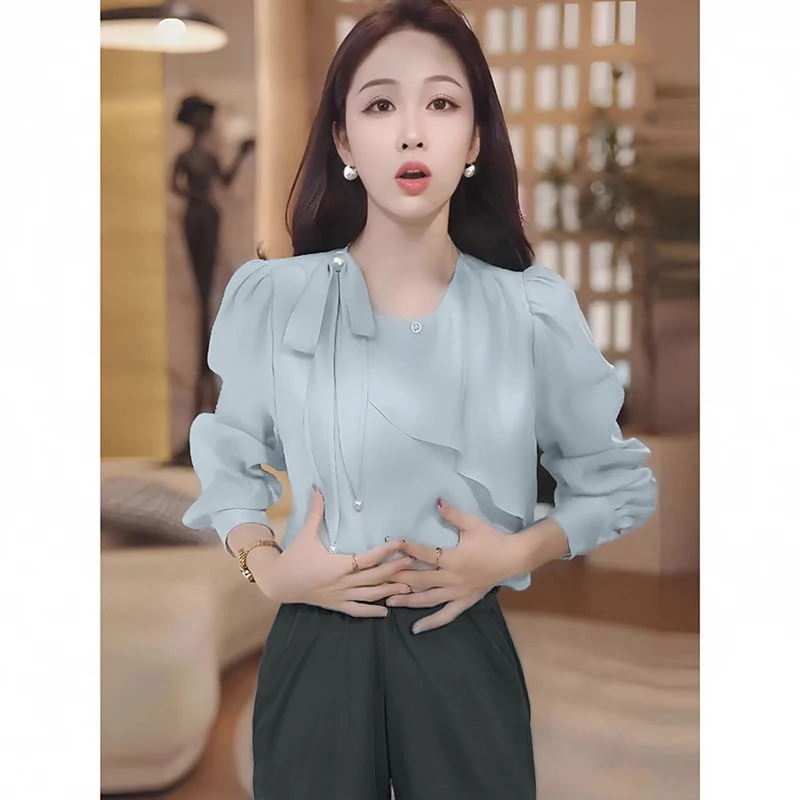 【沐紫】【两件套】小众飘带长袖衬衫女春秋季气质上衣+裤子套装D3553