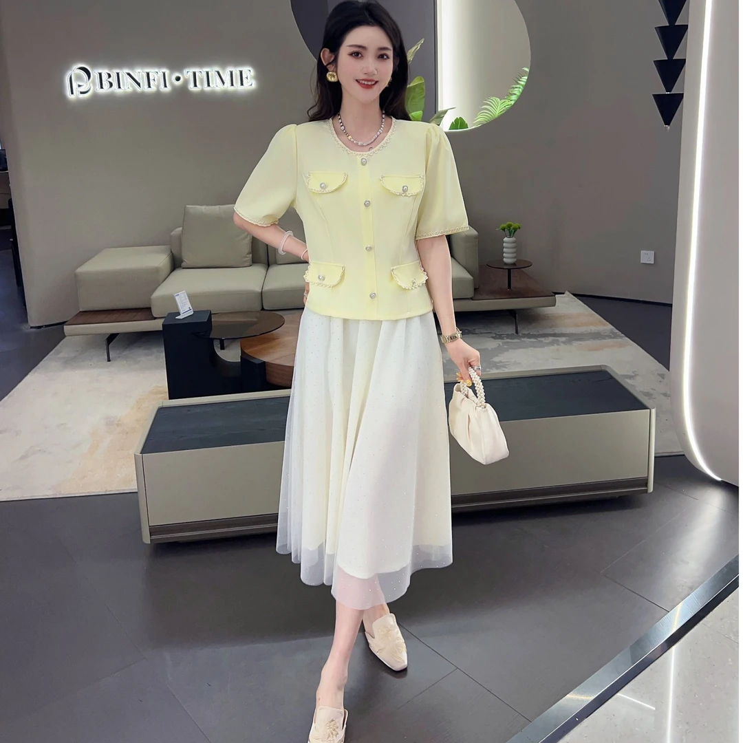 大码女装气质名媛女夏季小香风短袖外套网纱亮闪闪半身裙两件套