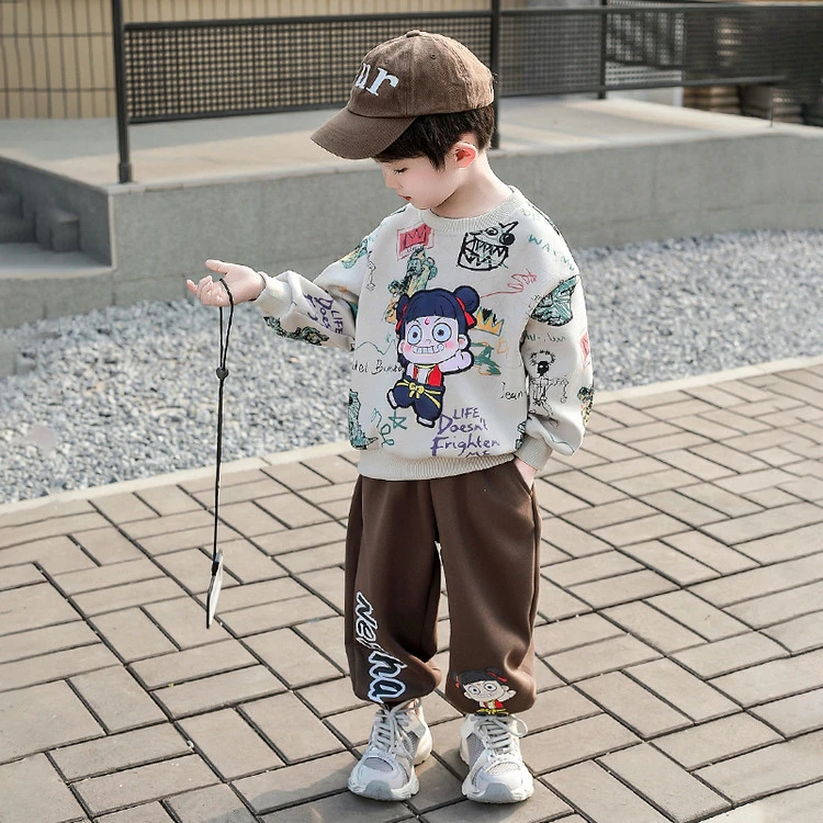 卡通哪吒男童春装套装2025新款儿童痞帅卫衣男宝宝运动装春秋款潮
