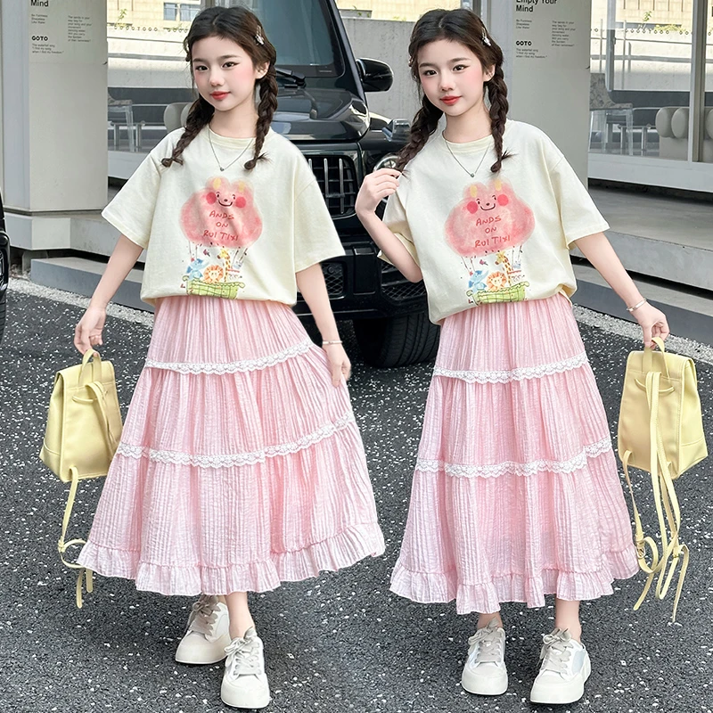 女童夏季半身裙套装洋气2025新款时尚女孩短袖大童公主长裙两件套