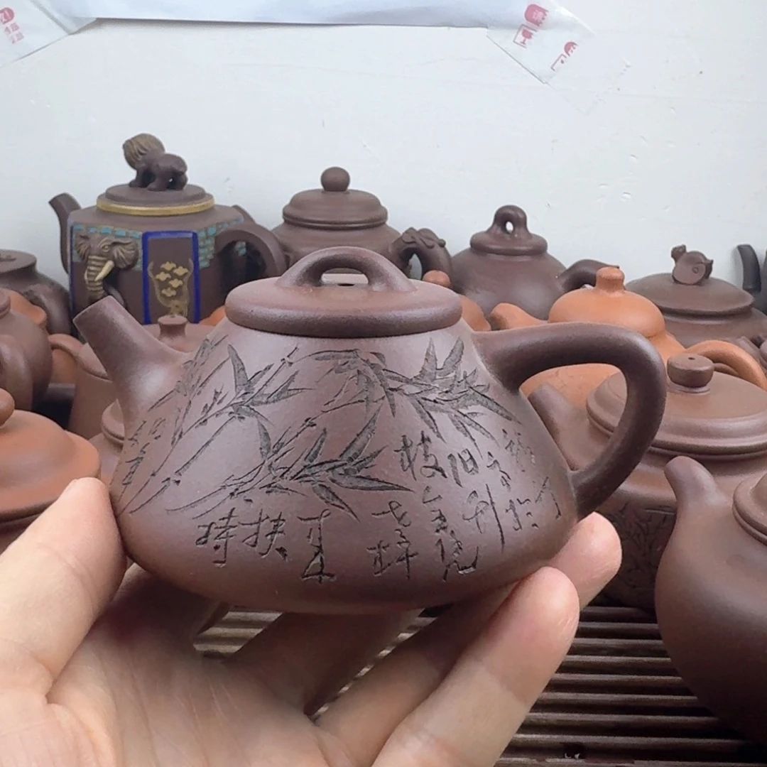 茶壶紫砂子冶石瓢200cc台西嫩底槽清通刻竹