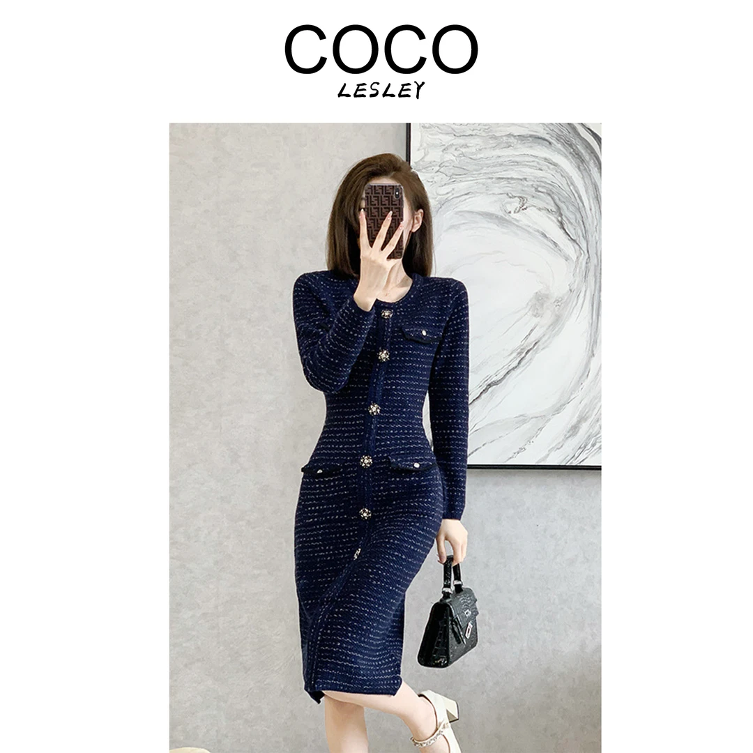 【COCO LESLEY】小香风细条纹针织连衣裙女时尚气质A字毛衣裙冬季