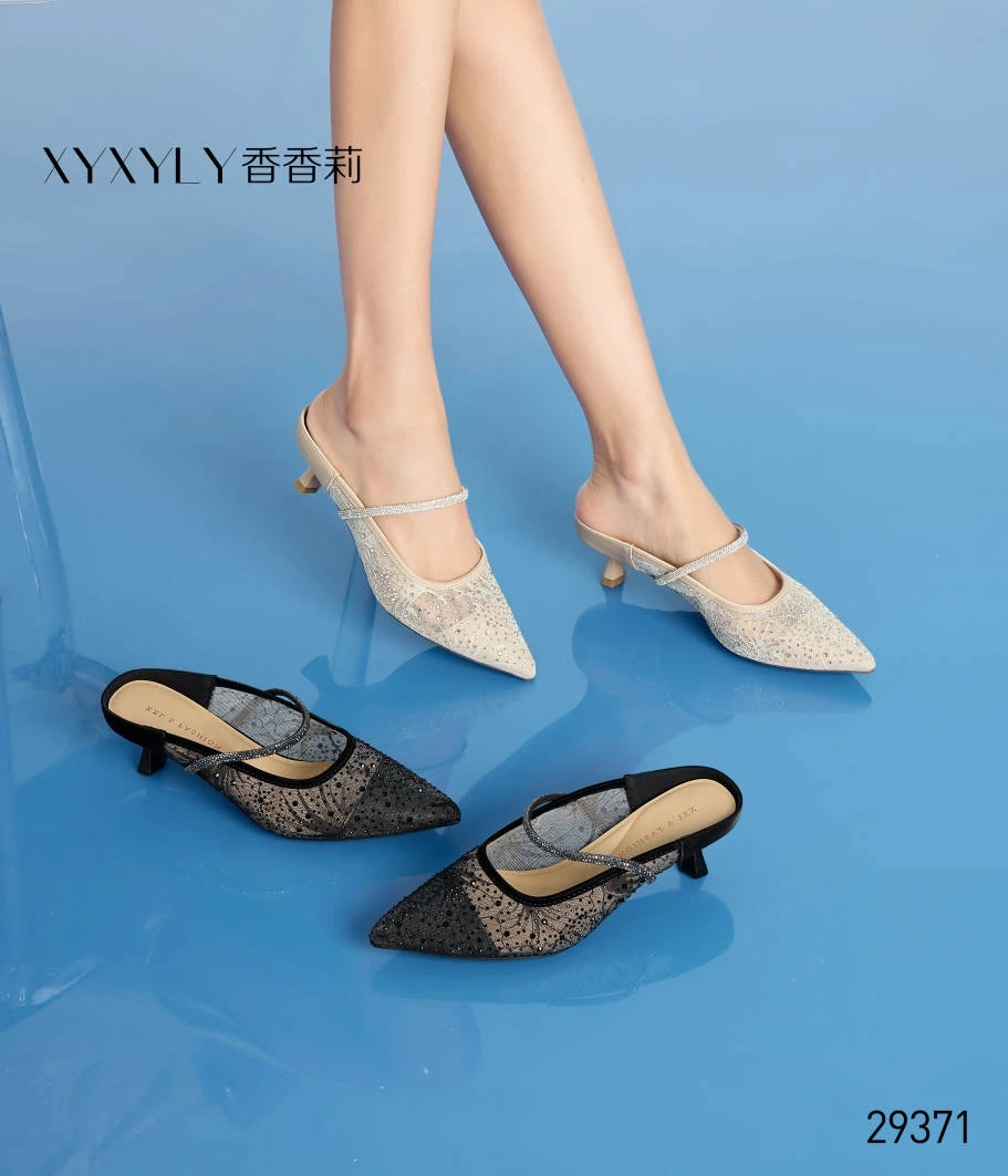 香香莉29371欧根纱拼接高跟鞋魅力尖头优雅单鞋穆勒鞋女2025春夏