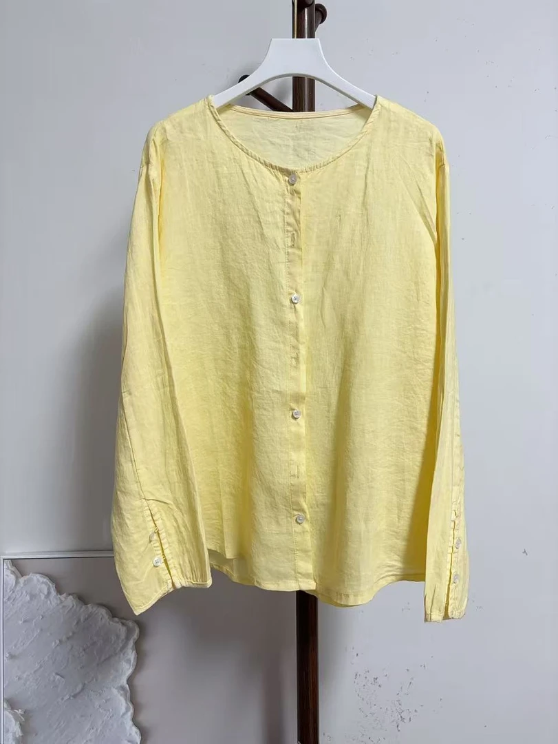 鹅黄色亚麻圆领开衫 预售