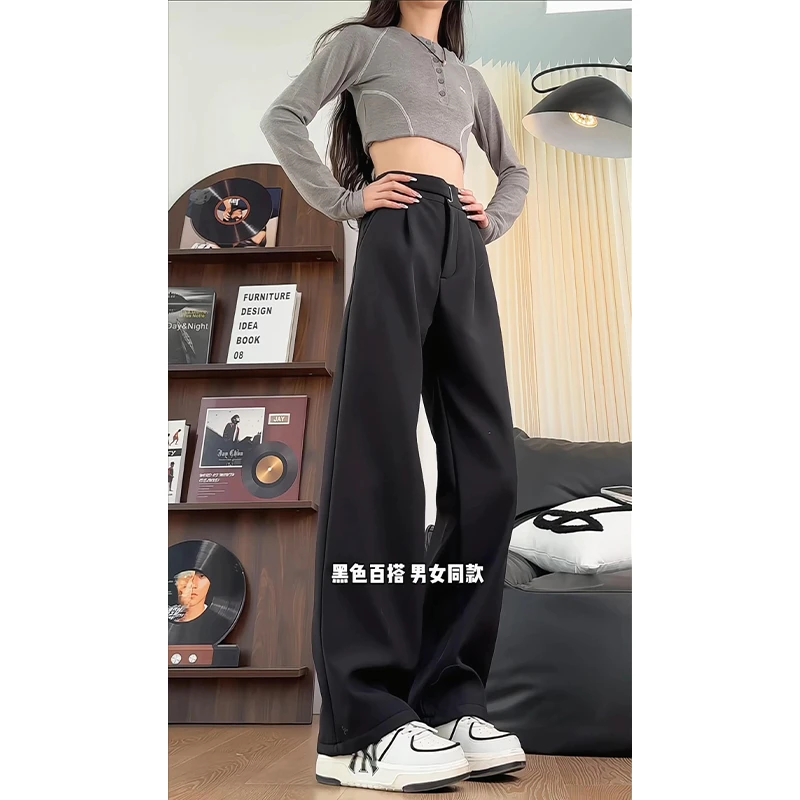 韩系垂感加绒小西裤男女秋冬季腰带设计宽松显瘦百搭直筒休闲裤子