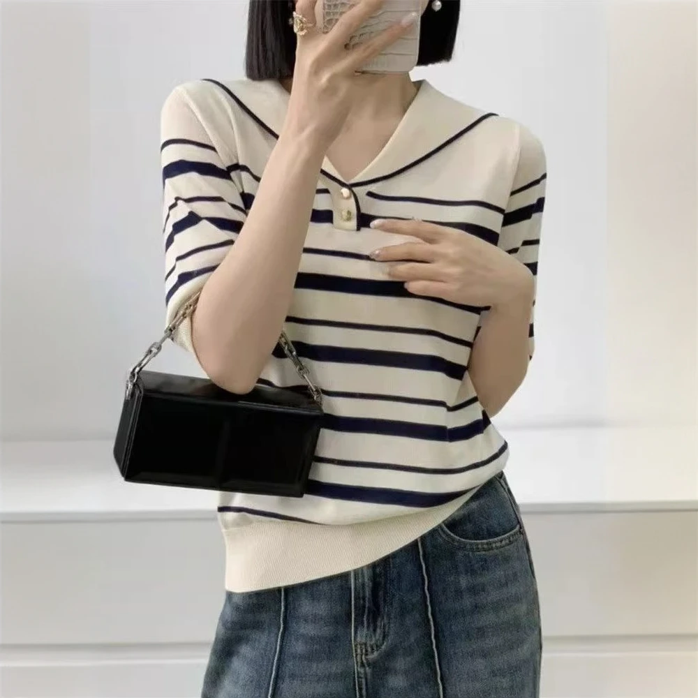 海军领撞色条纹韩系设计感冰丝针织女2025夏季洋气宽松时尚上衣