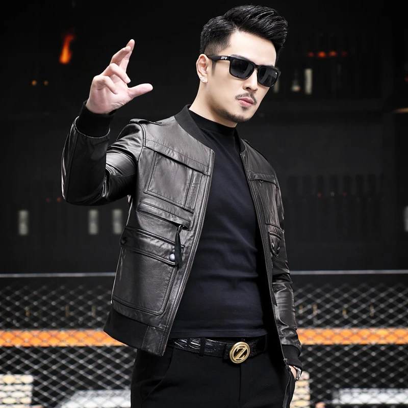 春秋新款皮衣男立领短款球领机车皮夹克海宁猎装薄款修身外套