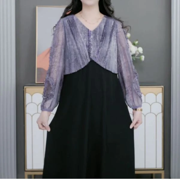 【现现款】胖大盈大码女装显瘦遮肉休闲气质拼接款百搭连衣裙241220