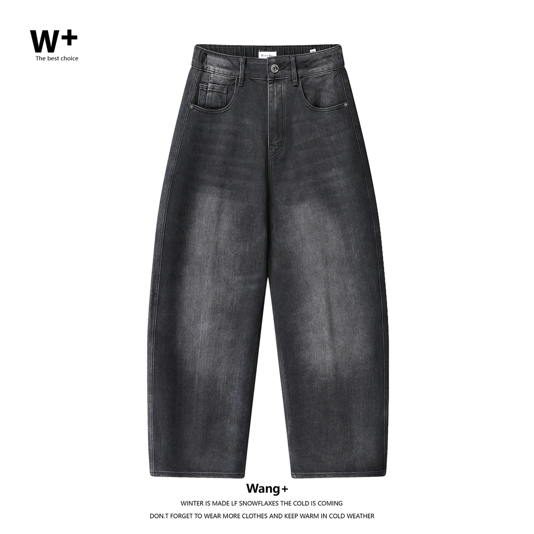 【Wang+】秋季新品美式复古男款休闲简约宽松水洗大码牛仔裤8536