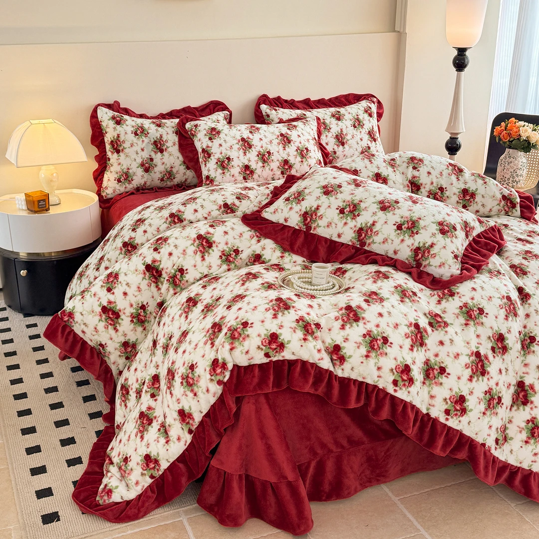 复古小碎花边牛奶绒四件套床盖款冬季珊瑚绒夹棉被套床单床上用品