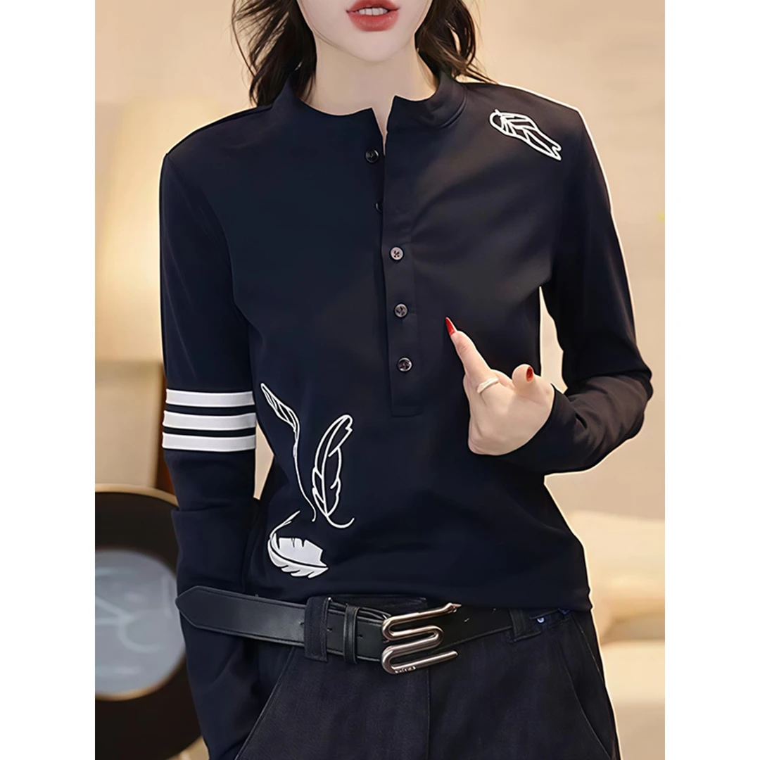 藏青色条纹拼接长袖T恤女2025秋季新款宽松休闲半开领打底衫上衣