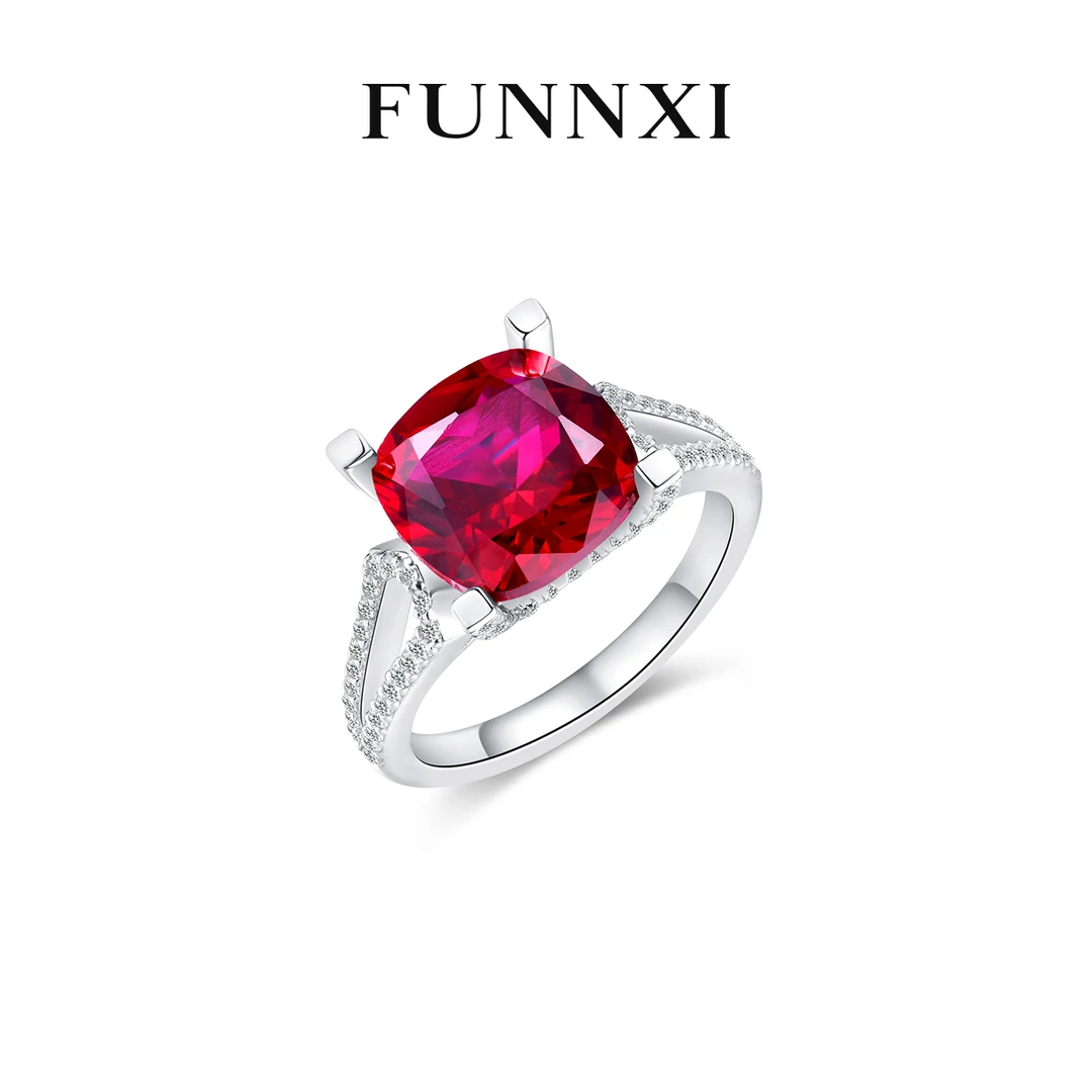 FUNNXI 培育红宝石【红玫瑰】鸽血红色 经典四爪时尚百搭设计款戒指