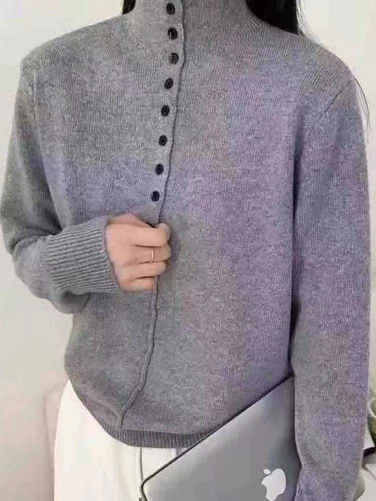 151秋冬韩系半高领半扣纯色套头毛针织衫上衣