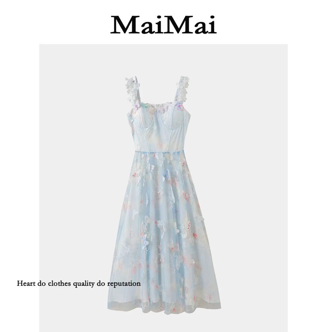 【精灵仙子】Mai Mai◆蝴蝶吊带A字裙夏季连衣裙女装蓝色仙女长裙