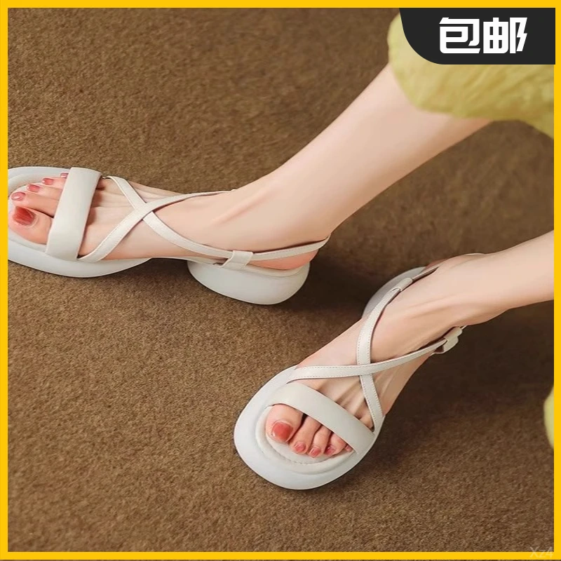 软羊皮软底女鞋真皮交叉绑带凉鞋女夏外穿2025新款百搭厚底一字带