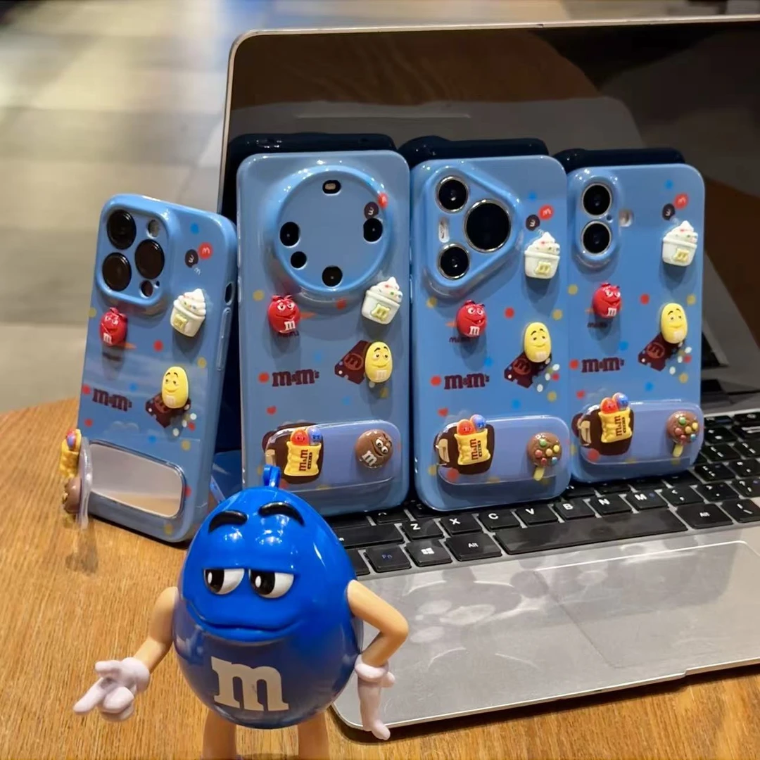 奥菲顿蓝底m豆公仔支架适用苹果17/16菲林手机壳华为vivo小米oppo