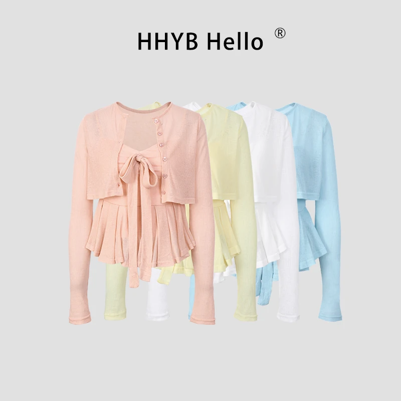 HHYB Hello2025夏季新款蝴蝶结打褶绑带吊带罩衫两件套250375套装