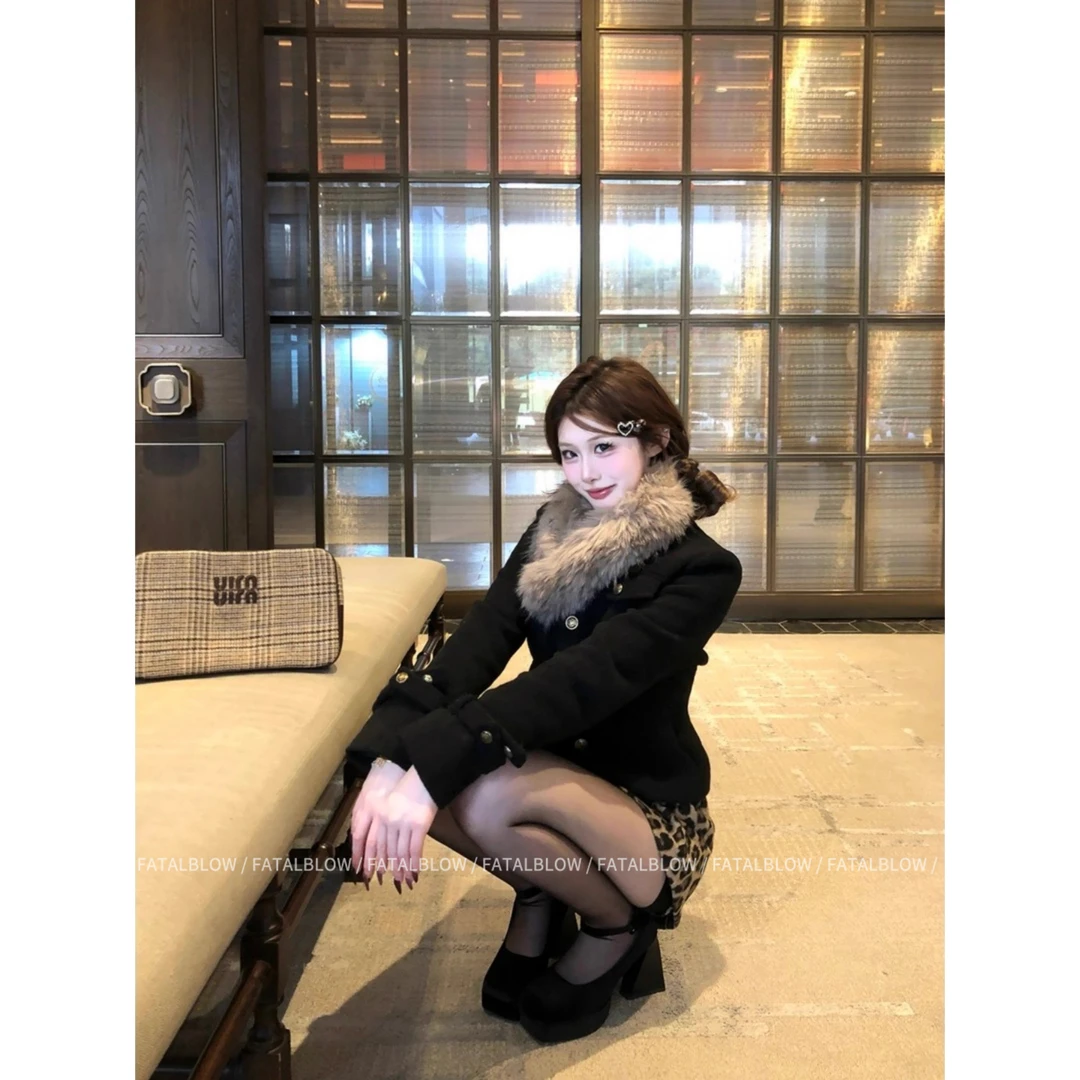 【涉谷辣妹】秋冬质感穿搭毛领单排扣收腰呢外套豹纹半身裙两件套装