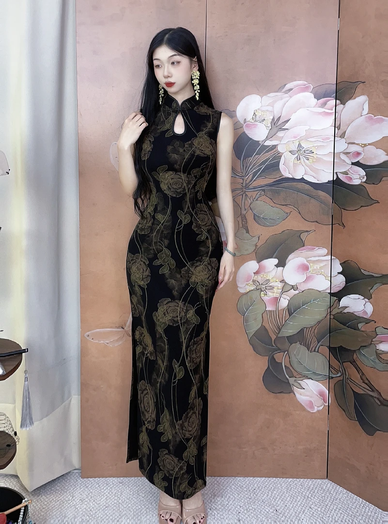 秋辞香~水滴玫瑰 无袖复古新中式改良连衣裙旗袍