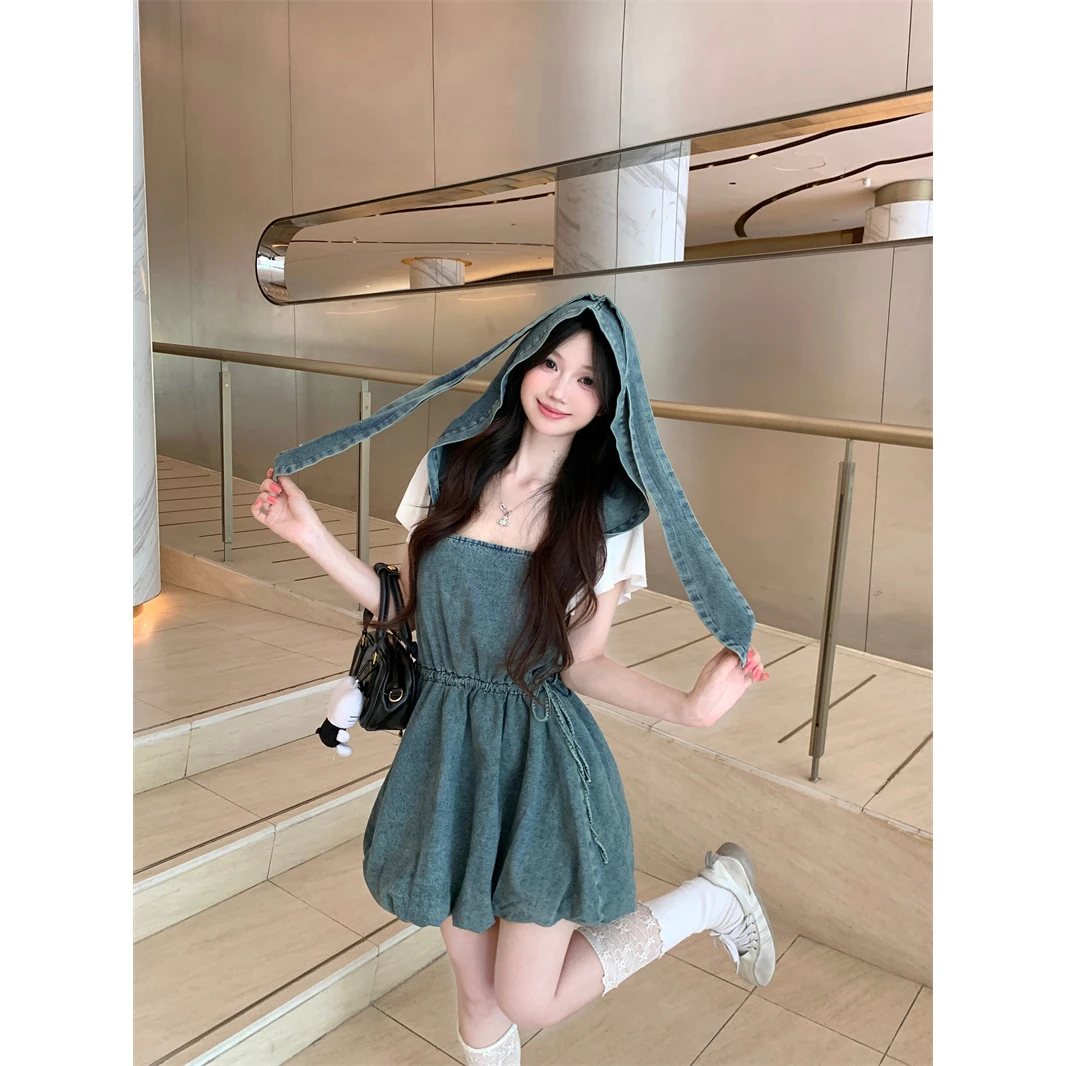 复古蓝色牛仔背带裙女夏季连帽连衣裙韩版chic设计感小众a字短裙