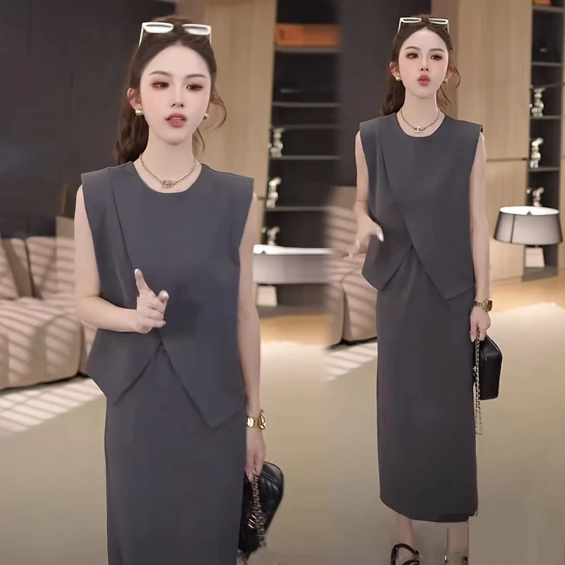 时尚连衣裙套装女2025夏季新款洋气圆领无袖背心上衣半身裙两件套