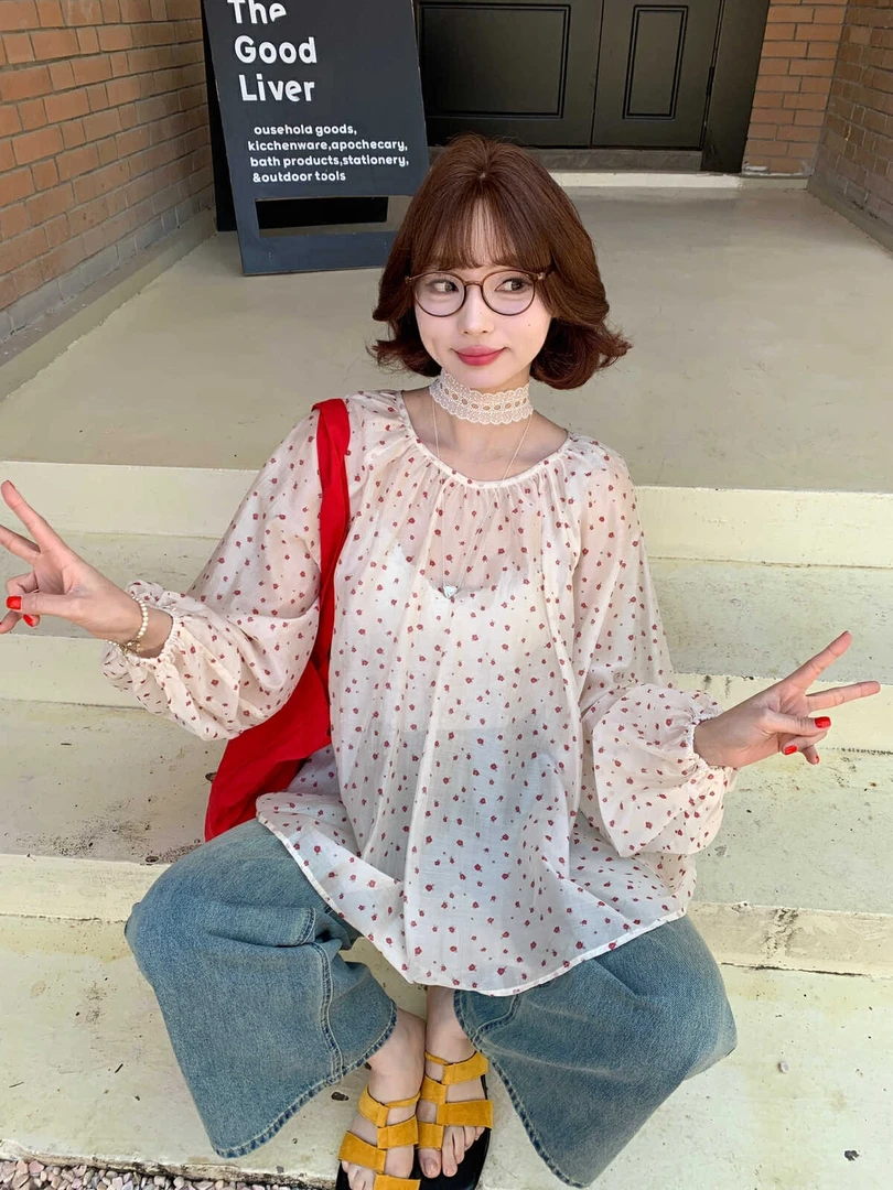 FY  TianSi碎花小衫后背绑带设计宽松碎花小衫