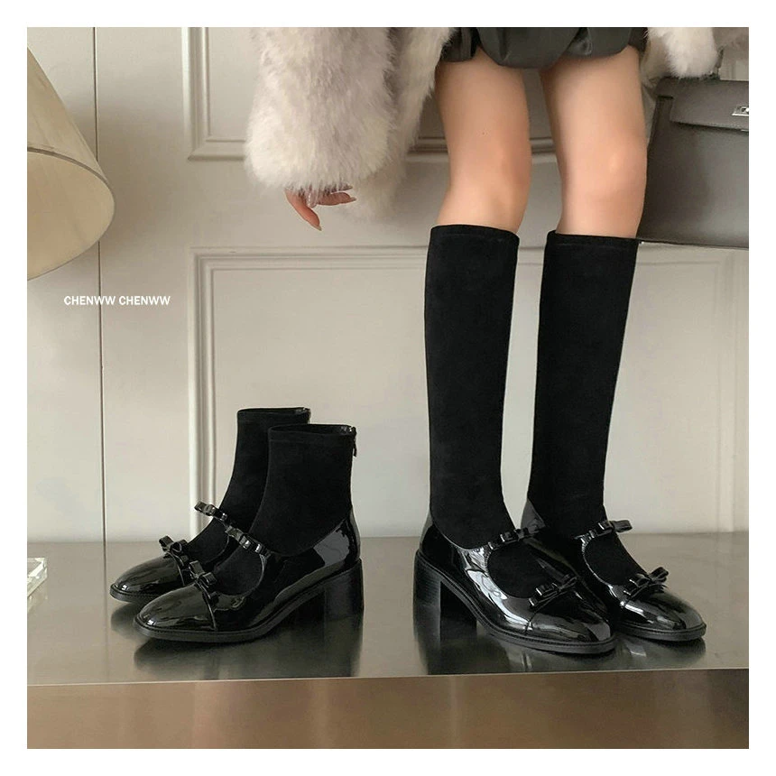 【CHENWW】法式弹力瘦瘦靴蝴蝶结玛丽珍粗跟短靴高靴显瘦百搭袜子靴