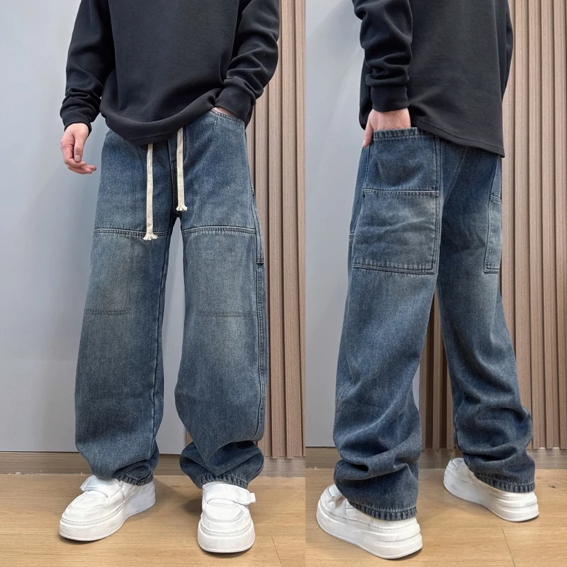 2025秋冬季复古拼接休闲水洗加绒加厚直筒宽松抽绳高街男士牛仔裤
