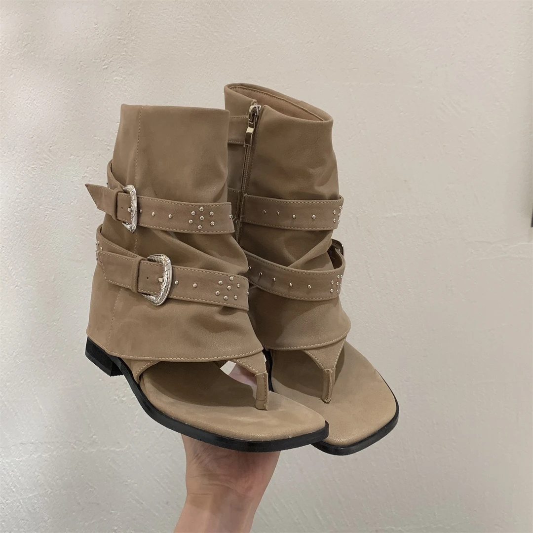 MUMU方头高跟休闲网红复古短靴夏季时装靴粗跟时尚弹力