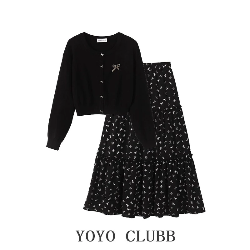 Y098秋季新款时尚圆领蝴蝶结长袖针织开衫气质宽松显瘦短款上衣女