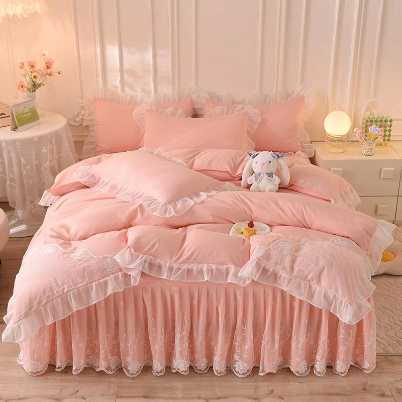 韩式公主风床裙款四件套蕾丝被套少女心纯色床单床上用品