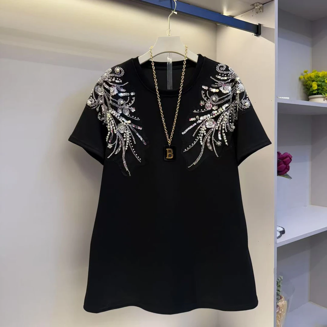 2025年早春欧货遮肉显瘦气质百搭时尚重工半袖