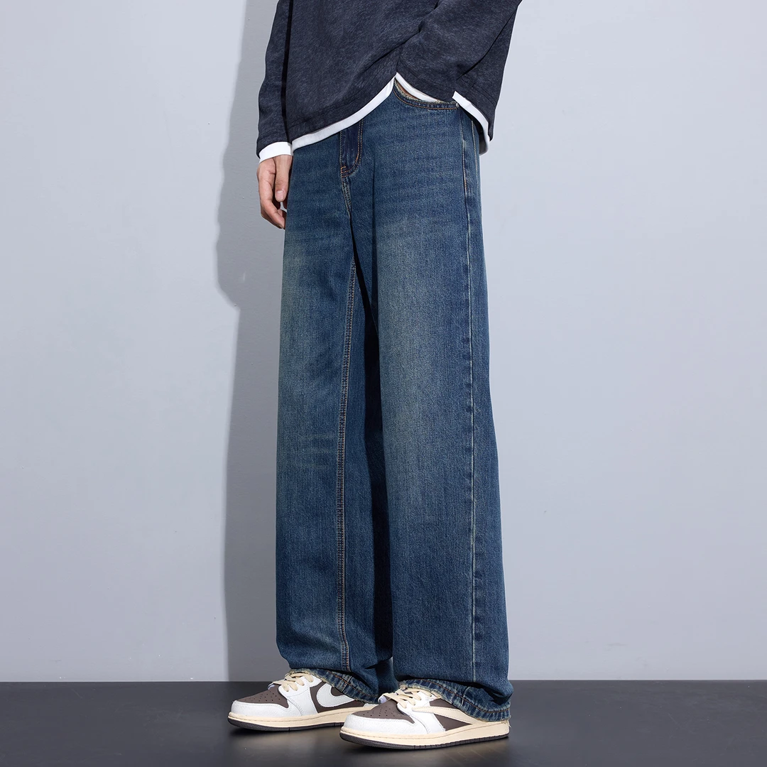 Kuvine2025宽松直筒牛仔裤男士秋季新款美式复古水洗磨边百搭长裤