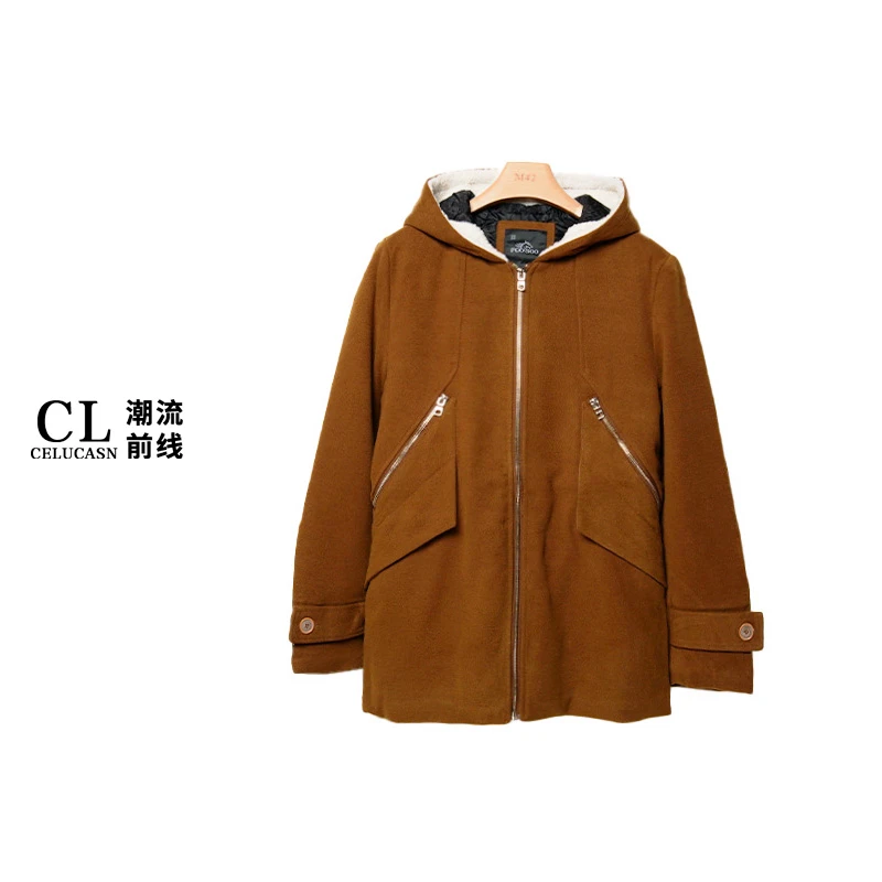 P5WBN109#秋冬季男士新品中长款长袖连帽设计纯色毛呢大衣外套