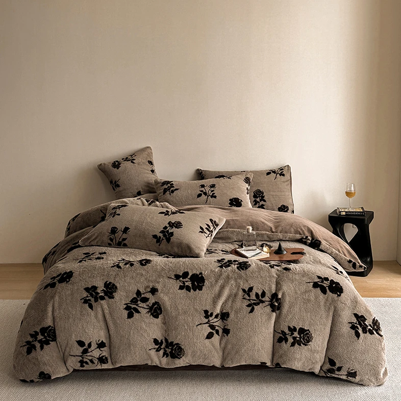 简约豹纹毛绒牛奶绒四件套床笠珊瑚绒被罩双面绒印花加厚床上被套