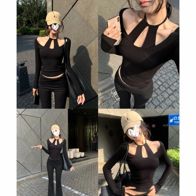 辣妹挂脖性感镂空假两件长袖T恤女2025初秋新款小众设计感上衣潮