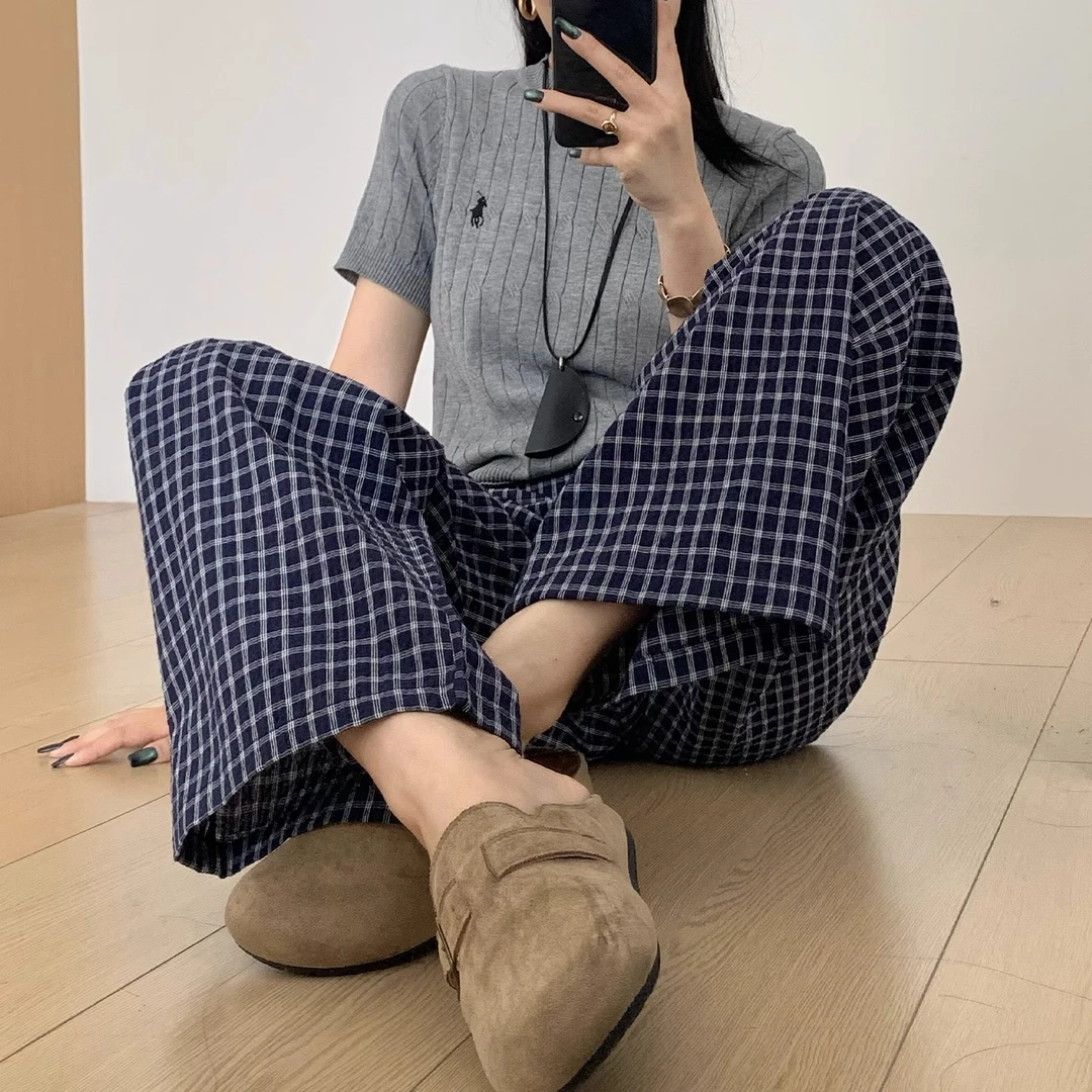 冰丝格子阔腿裤女夏季薄款宽松百搭小个子休闲裤慵懒风垂感直筒裤