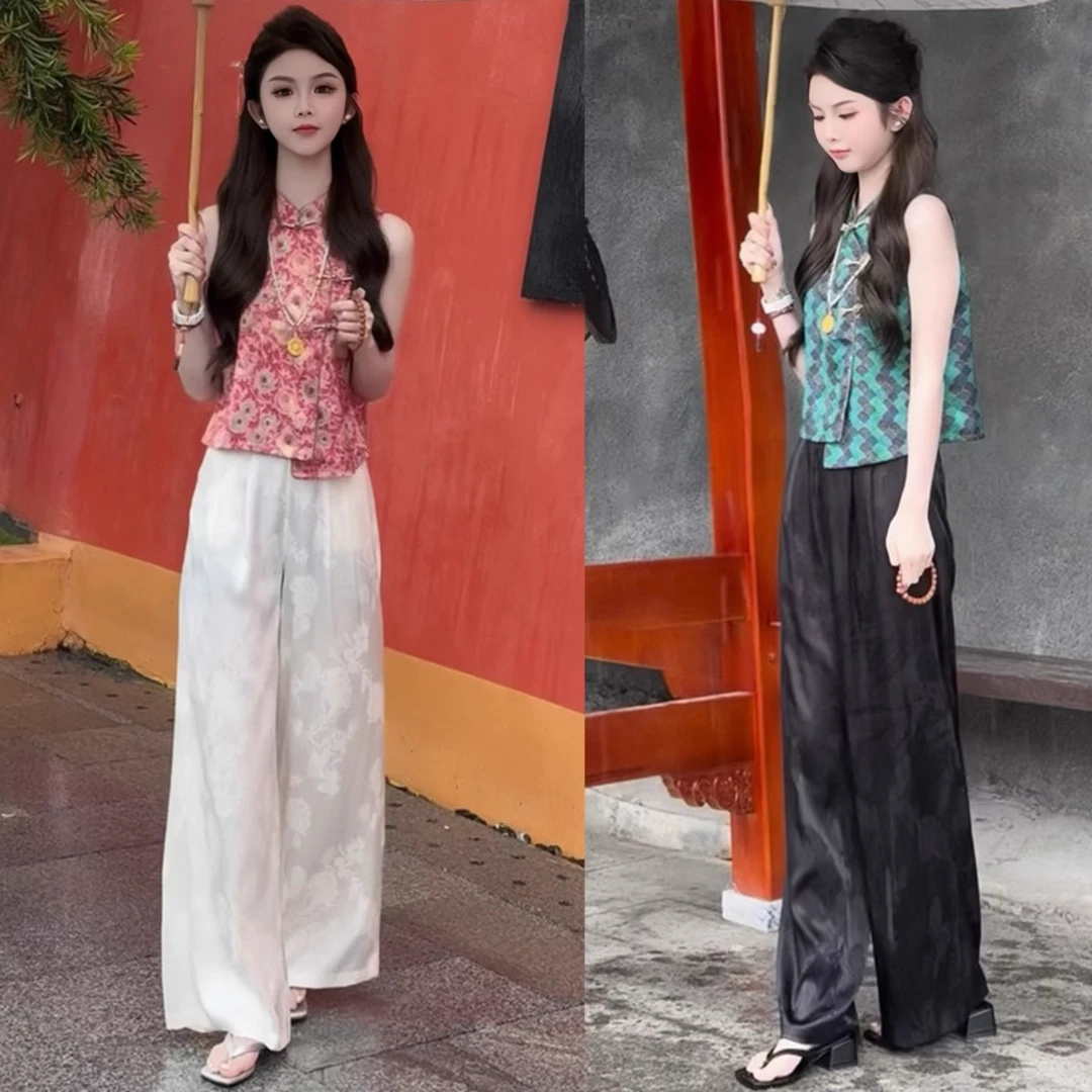 小个子2025夏套装女新中式国风提花无袖马甲上衣垂感休闲裤两件套